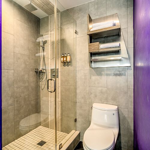 The image shows a modern bathroom with a glass-enclosed shower, a toilet, and a wall-mounted shelf holding towels and toiletries.