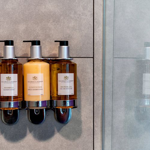 Three wall-mounted dispensers filled with liquid soap, shampoo, and conditioner are installed on a tiled bathroom wall.