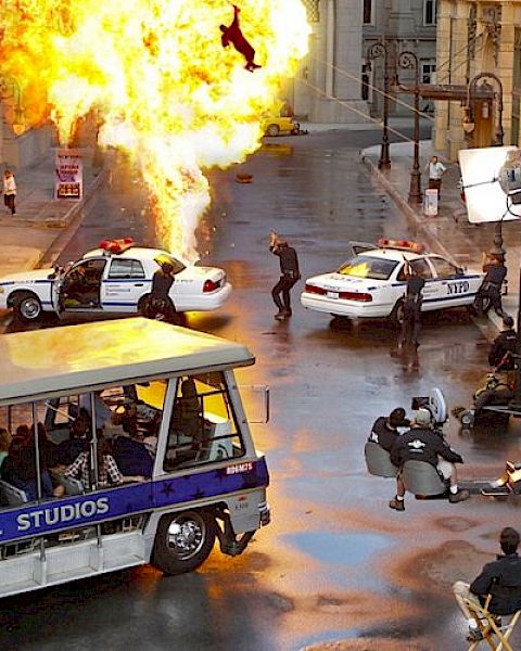 A movie set scene with an explosion, police cars, crew members, and a Universal Studios tour tram.