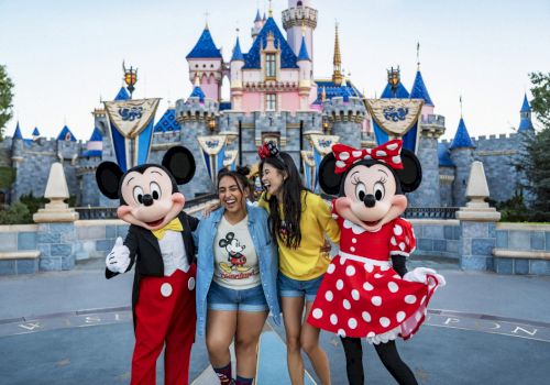 Two people pose with Mickey and Minnie Mouse in front of a castle at a Disney theme park, smiling and enjoying the moment.